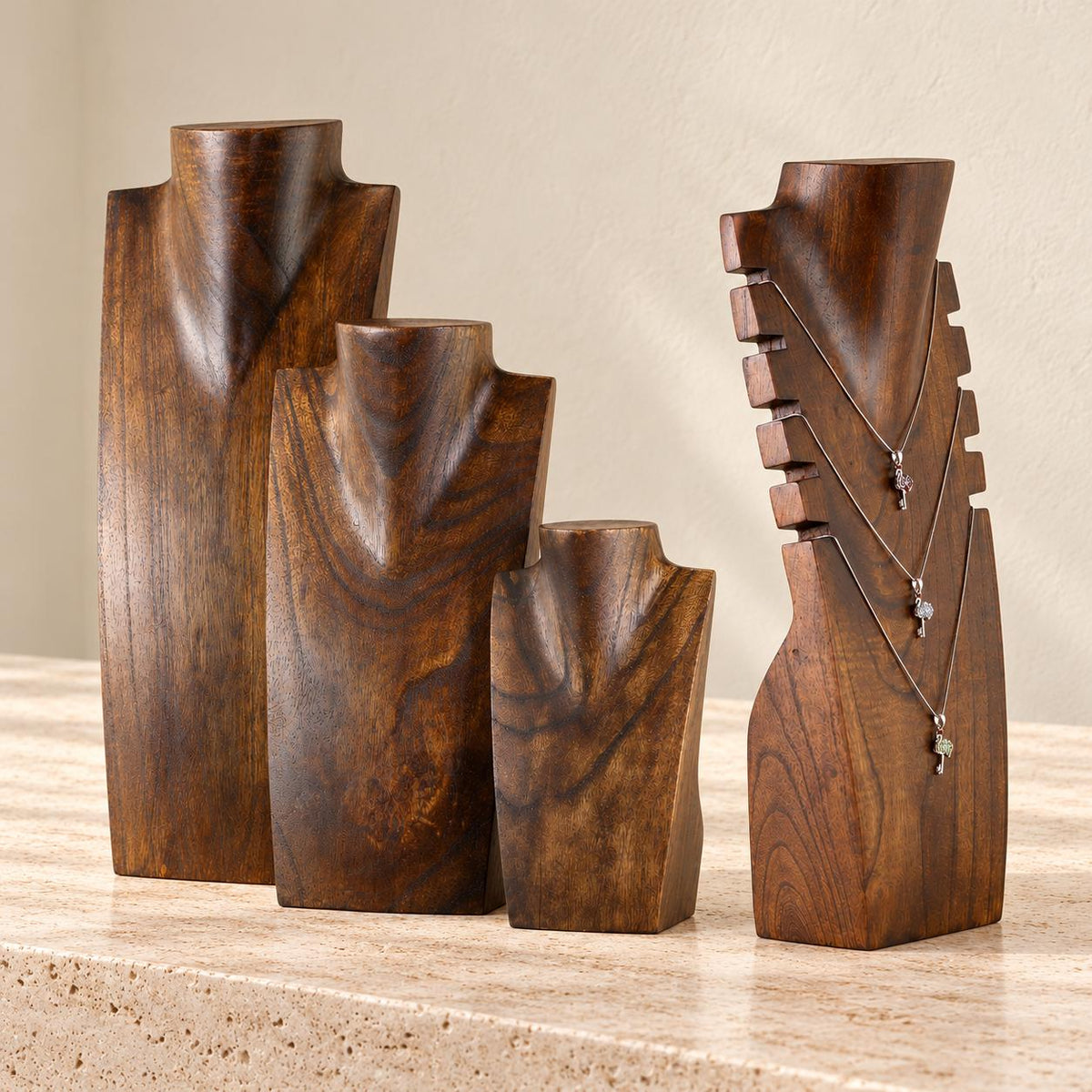 4-Piece Wooden Necklace Display Set, Dark Brown – 20/30/40 cm Busts + 40 cm Multi Necklace Holder