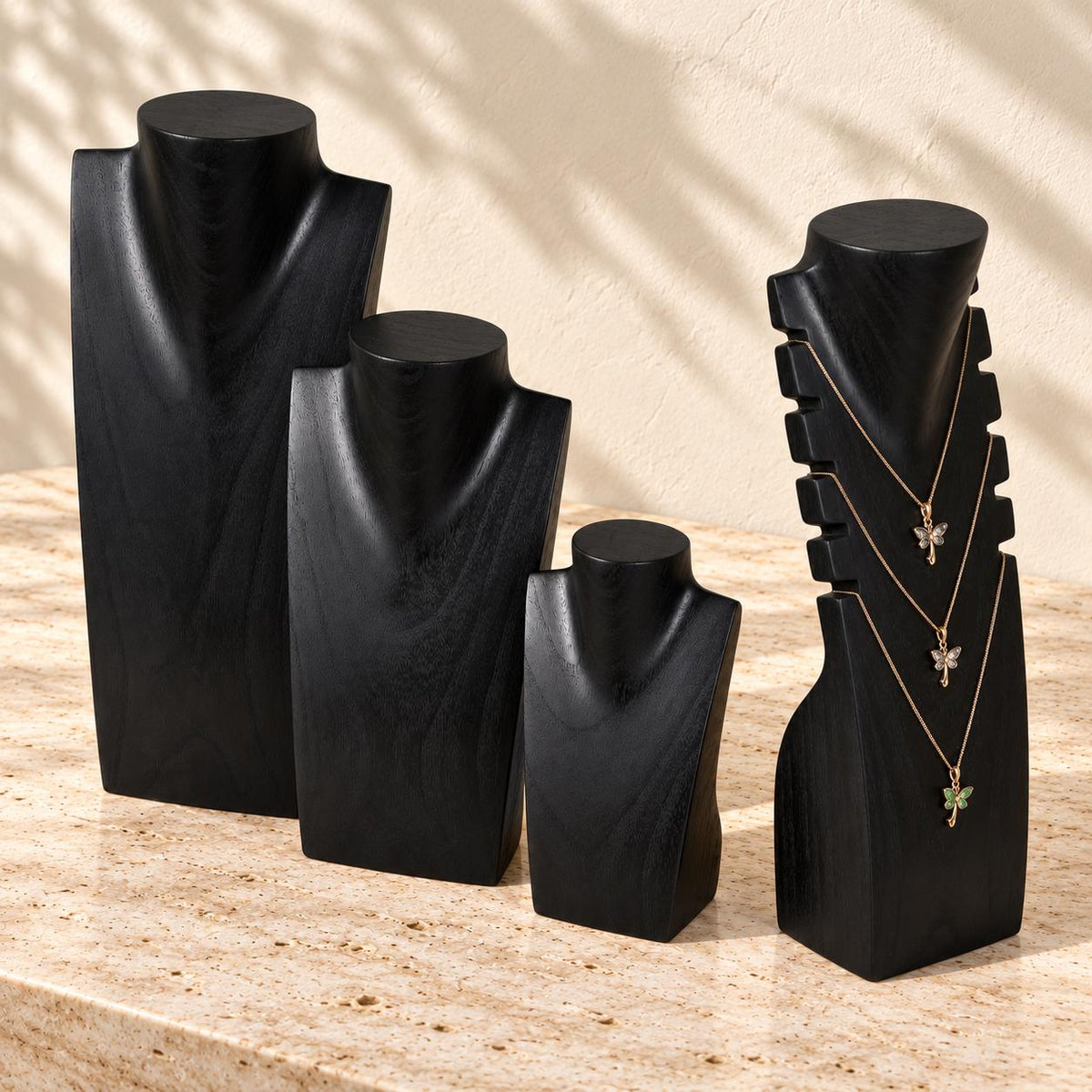 4-Piece Wooden Necklace Display Set, Black – 20/30/40 cm Busts + 40 cm Multi Necklace Holder