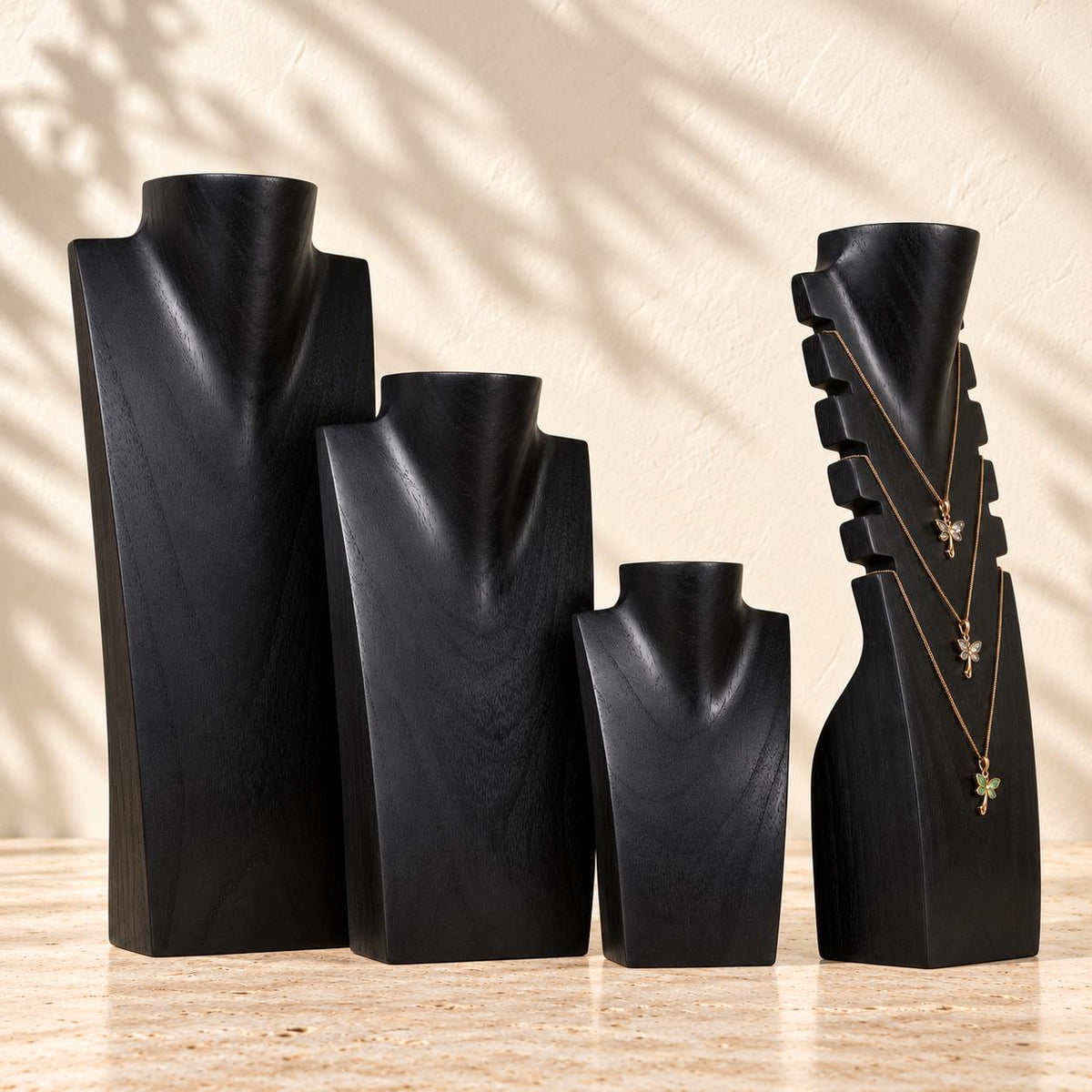 4-Piece Wooden Necklace Display Set, Black – 20/30/40 cm Busts + 40 cm Multi Necklace Holder