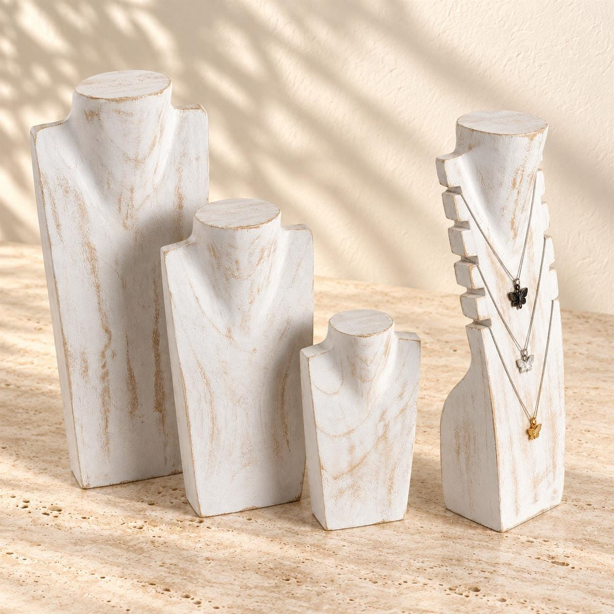 4-Piece Wooden Necklace Display Set, Whitewash – 20/30/40 cm Busts + 40 cm Multi Necklace Holder