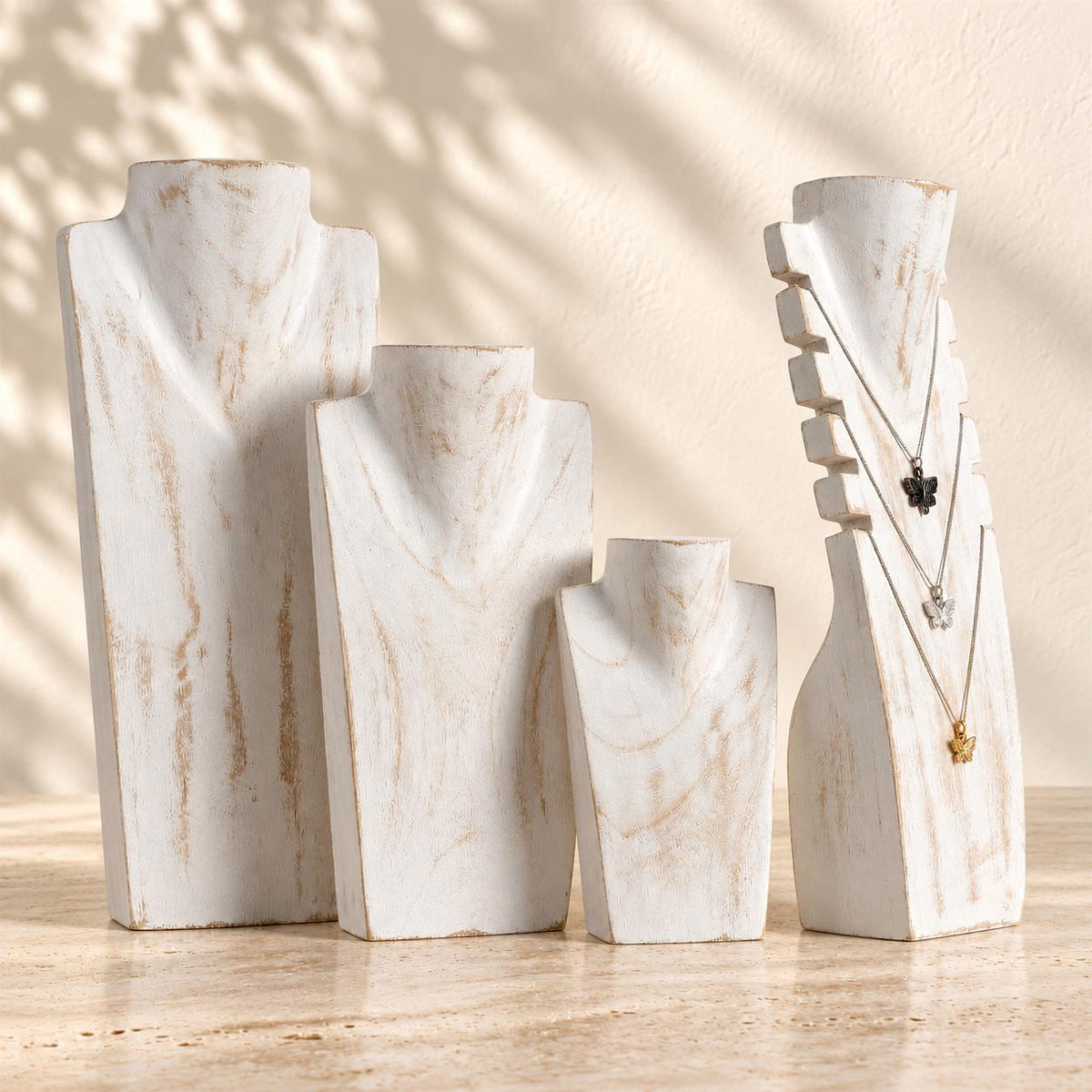 4-Piece Wooden Necklace Display Set, Whitewash – 20/30/40 cm Busts + 40 cm Multi Necklace Holder
