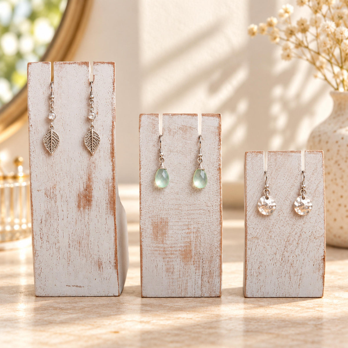 Whitewash Wooden Earring Display Stands, Set of 3