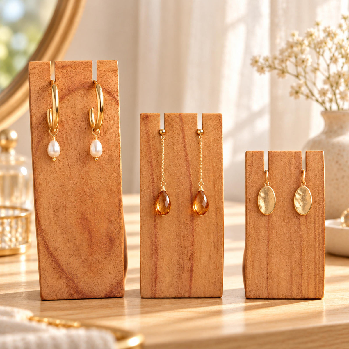 Natural Wooden Earring Display Stands, Set of 3