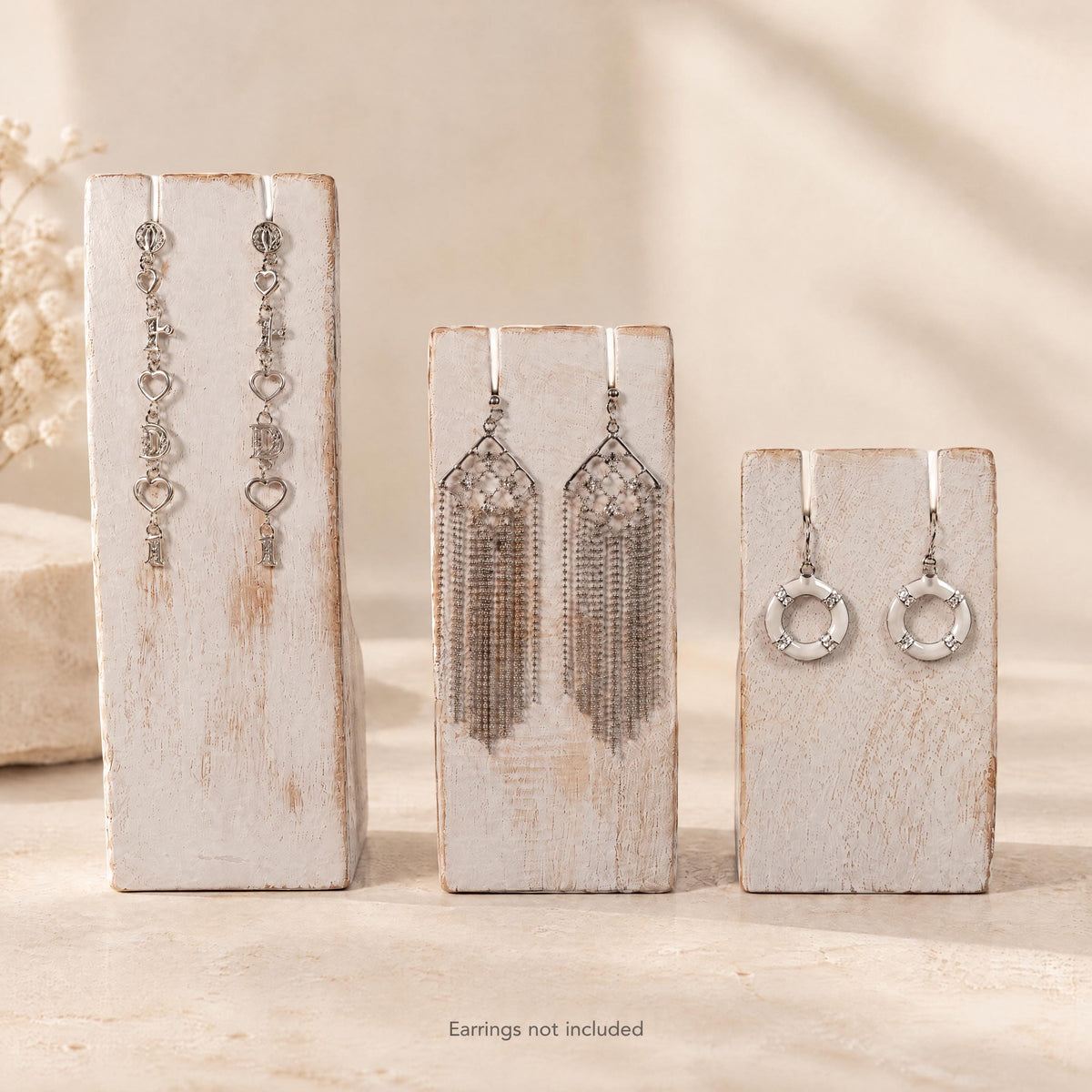 Whitewash Wooden Earring Display Stands, Set of 3