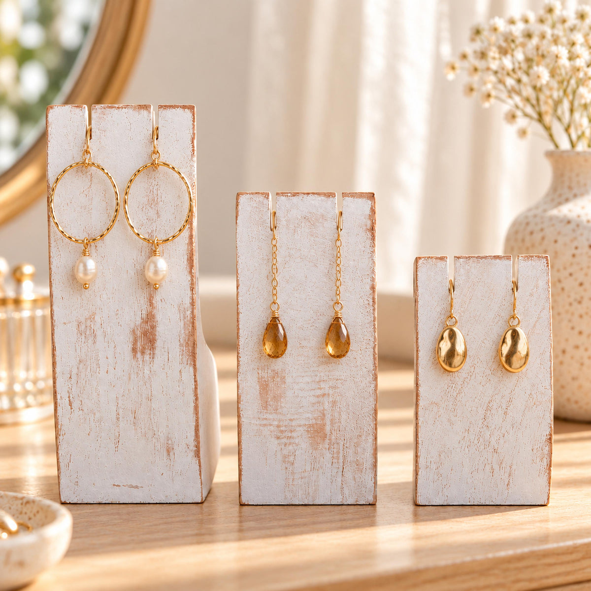Whitewash Wooden Earring Display Stands, Set of 3