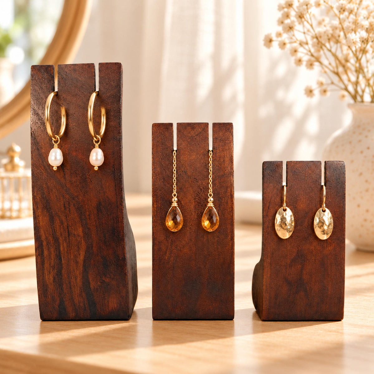 Dark Brown Wooden Earring Display Stands, Set of 3