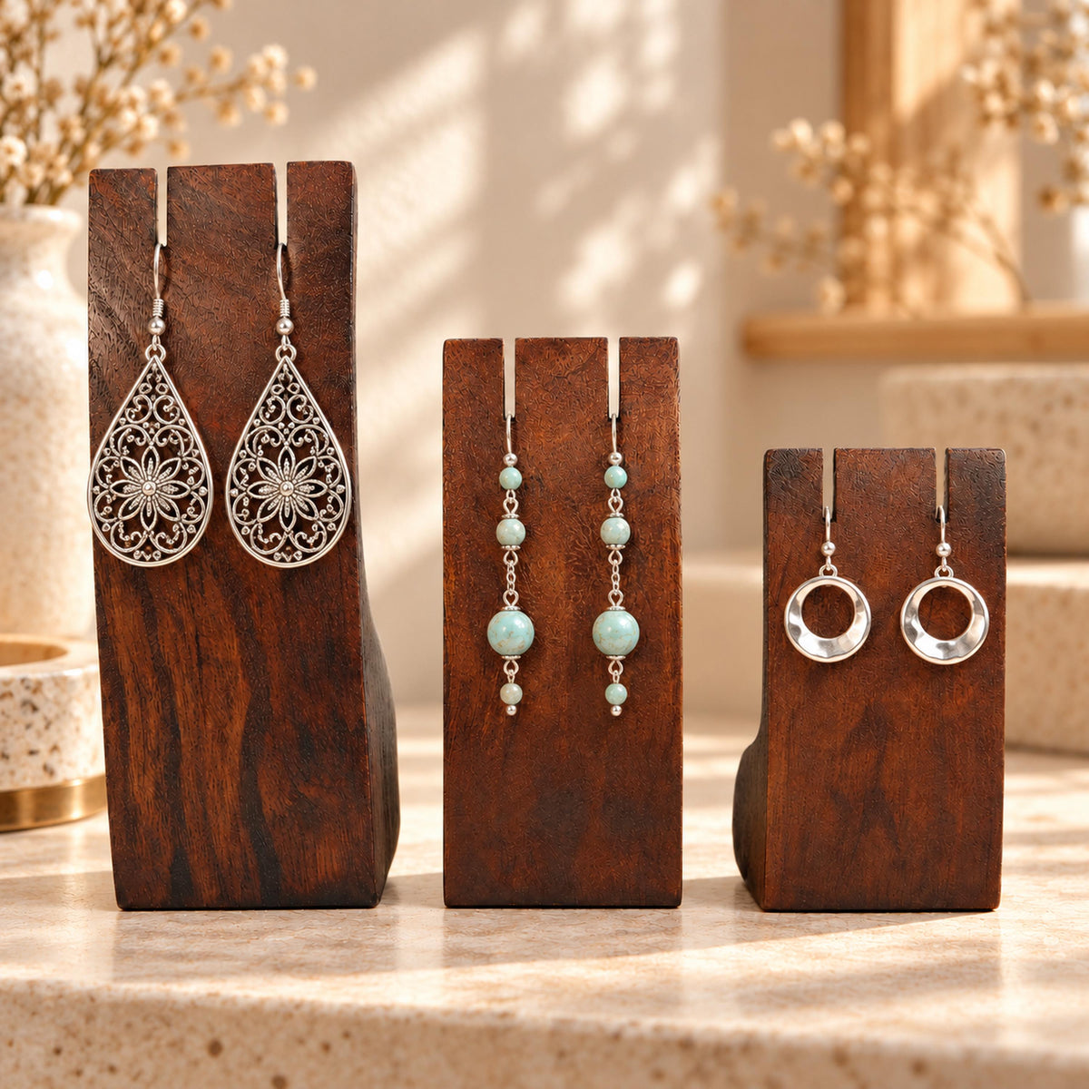 Dark Brown Wooden Earring Display Stands, Set of 3