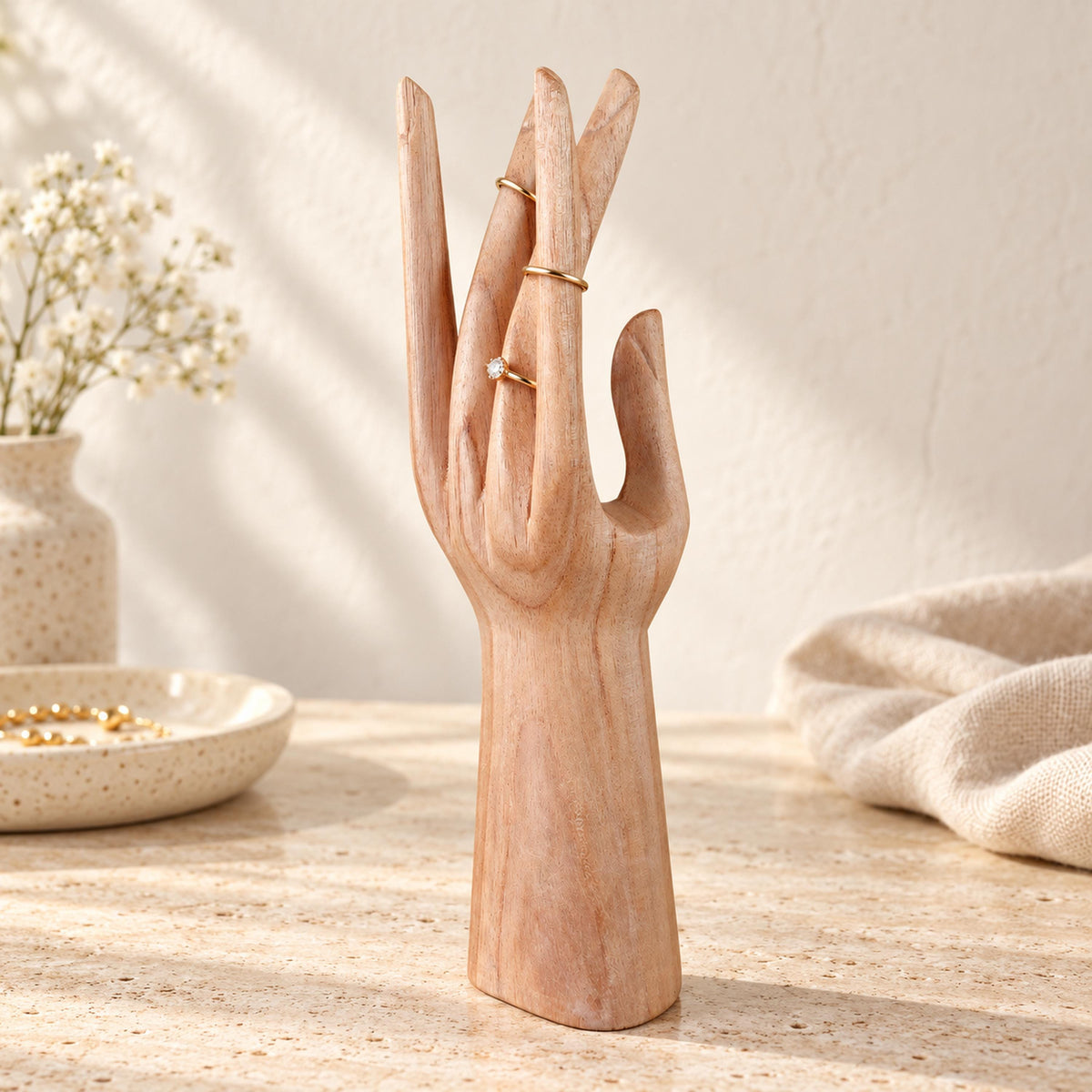 Natural Hand-Carved Wooden Ring Holder, 25 cm (9.8 in)
