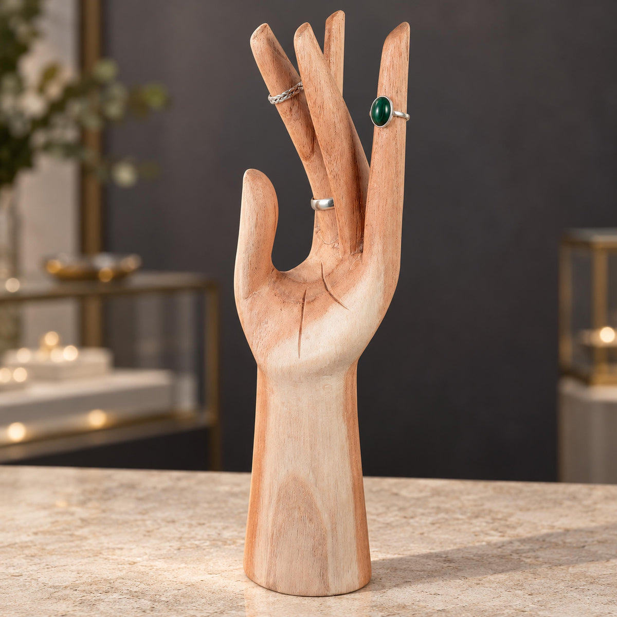 Natural Hand-Carved Wooden Ring Holder, 25 cm (9.8 in)
