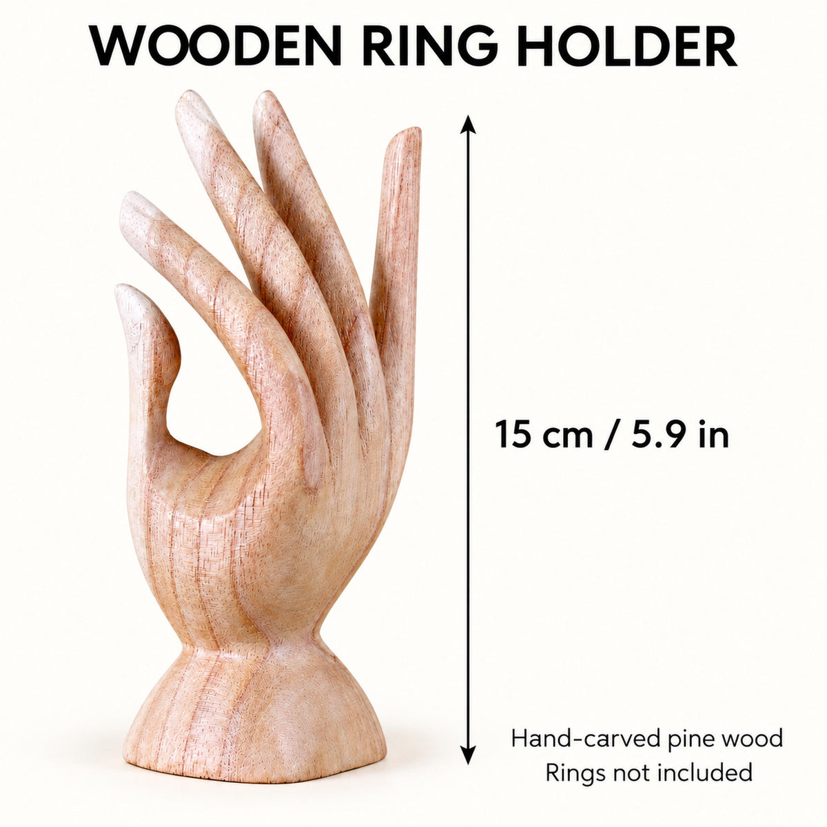 Natural Hand-Carved Wooden Ring Holder, 15 cm (5.9 in)