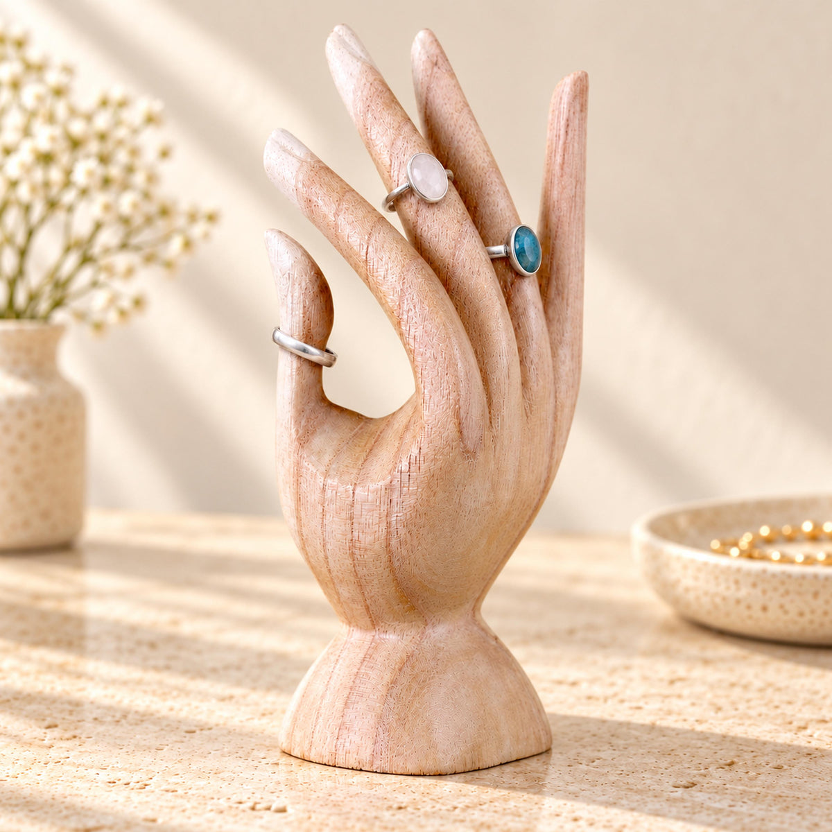 Natural Hand-Carved Wooden Ring Holder, 15 cm (5.9 in)