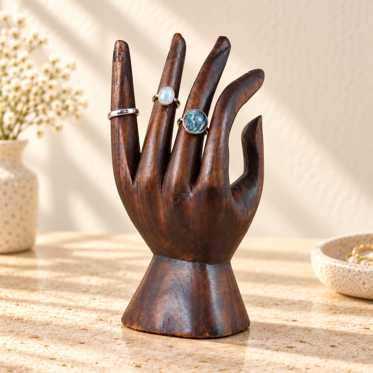 Dark Brown Hand-Carved Wooden Ring Holder, 15 cm (5.9 in)