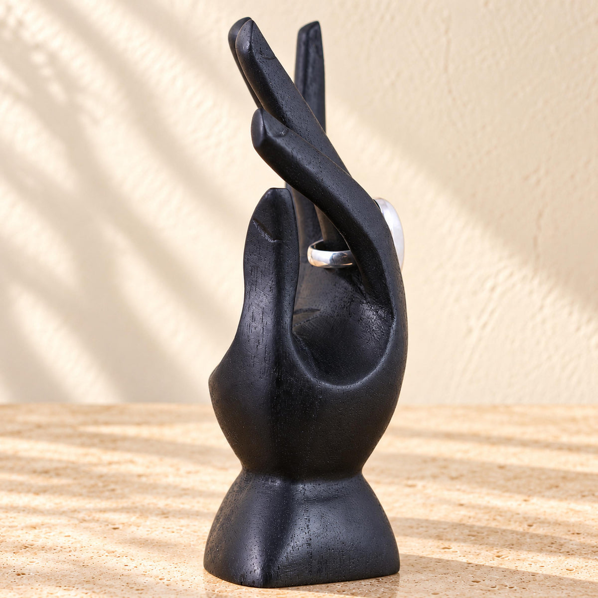 Black Hand-Carved Wooden Ring Holder, 15 cm (5.9 in)