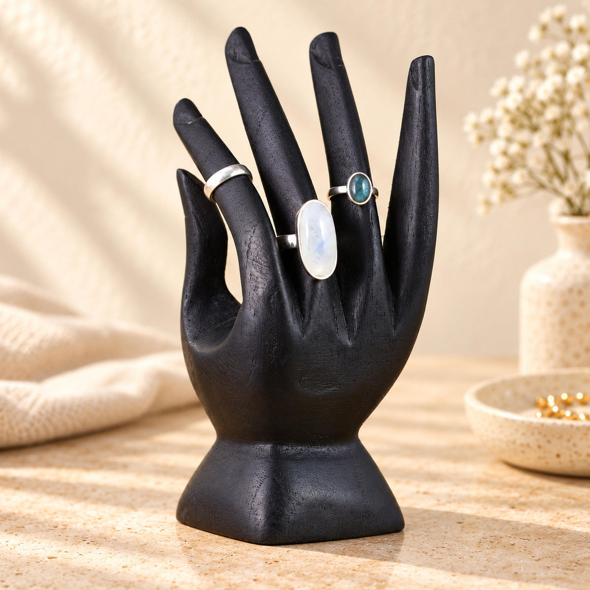 Black Hand-Carved Wooden Ring Holder, 15 cm (5.9 in)