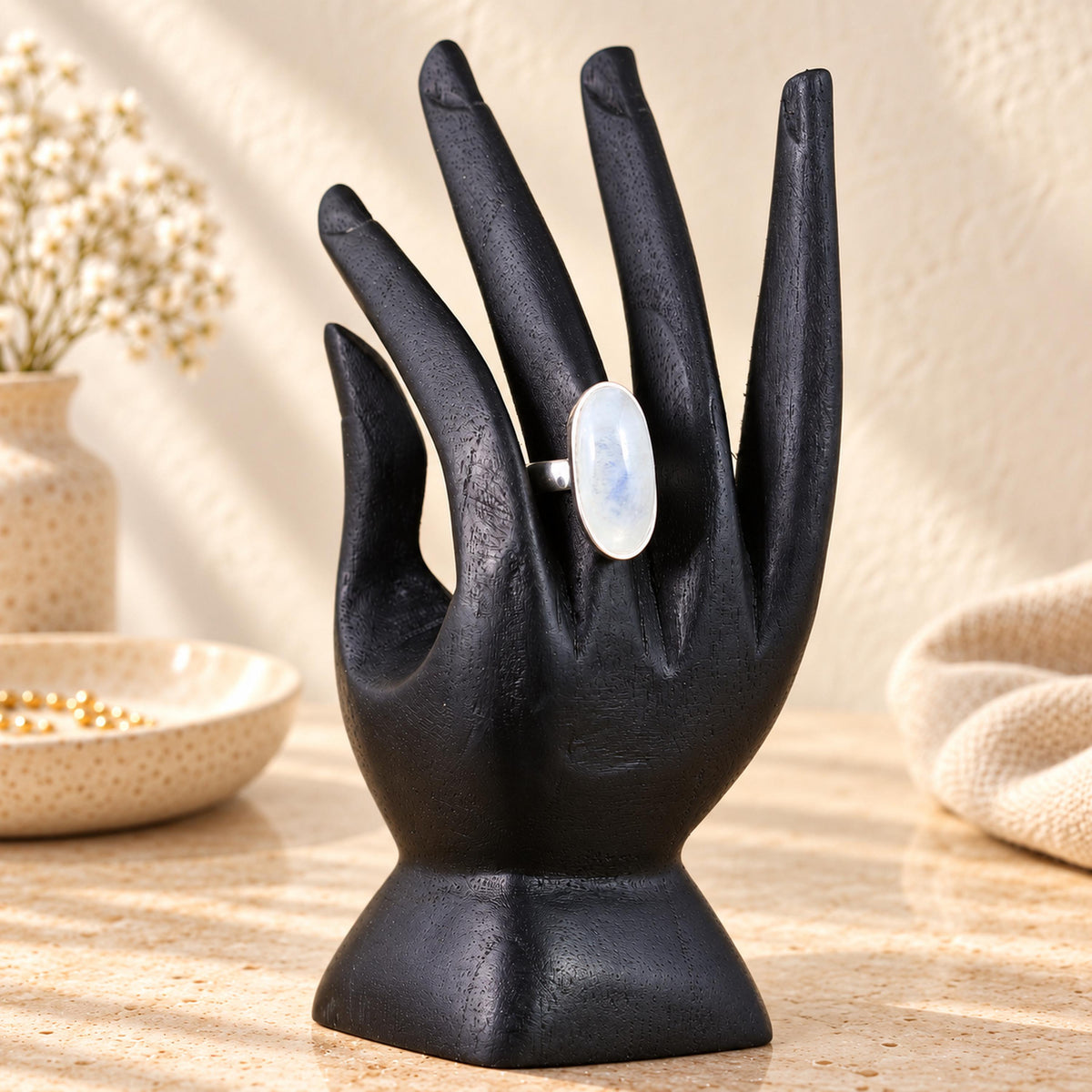 Black Hand-Carved Wooden Ring Holder, 15 cm (5.9 in)