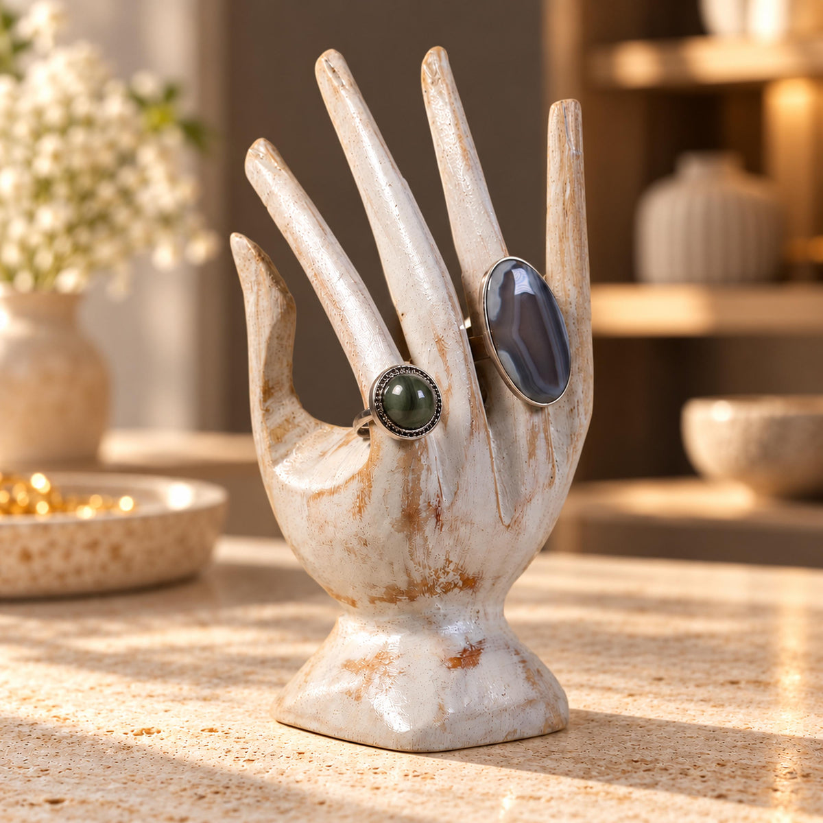 Whitewash Hand-Carved Wooden Ring Holder, 15 cm (5.9 in)