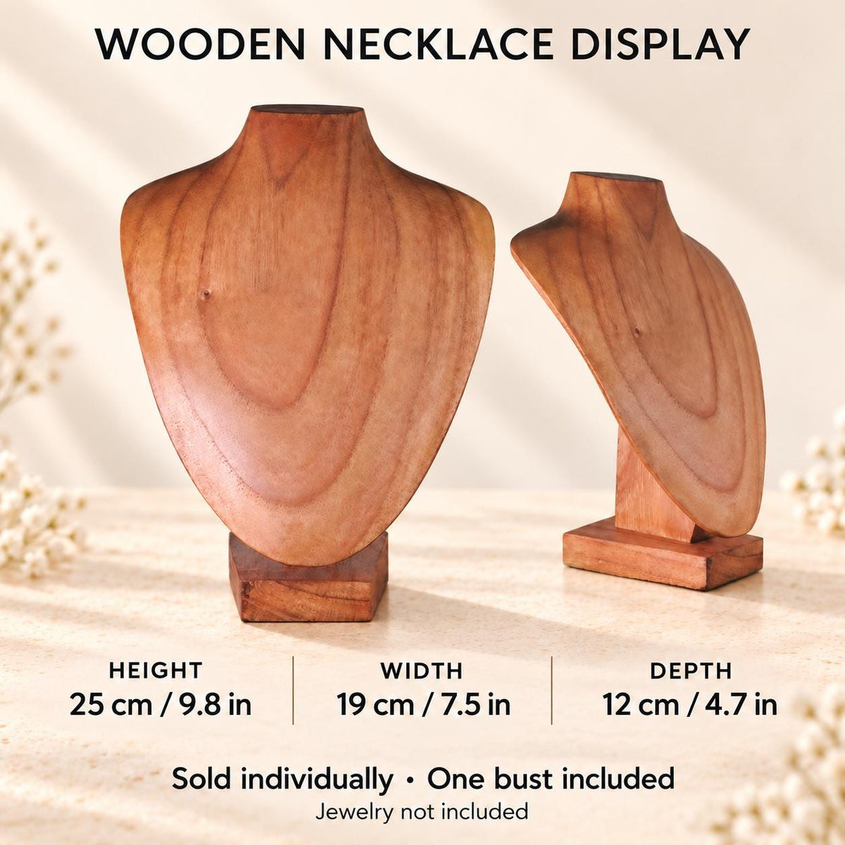 Natural Wooden Necklace Display Bust, 9.8 in, Jewelry Stand with Base