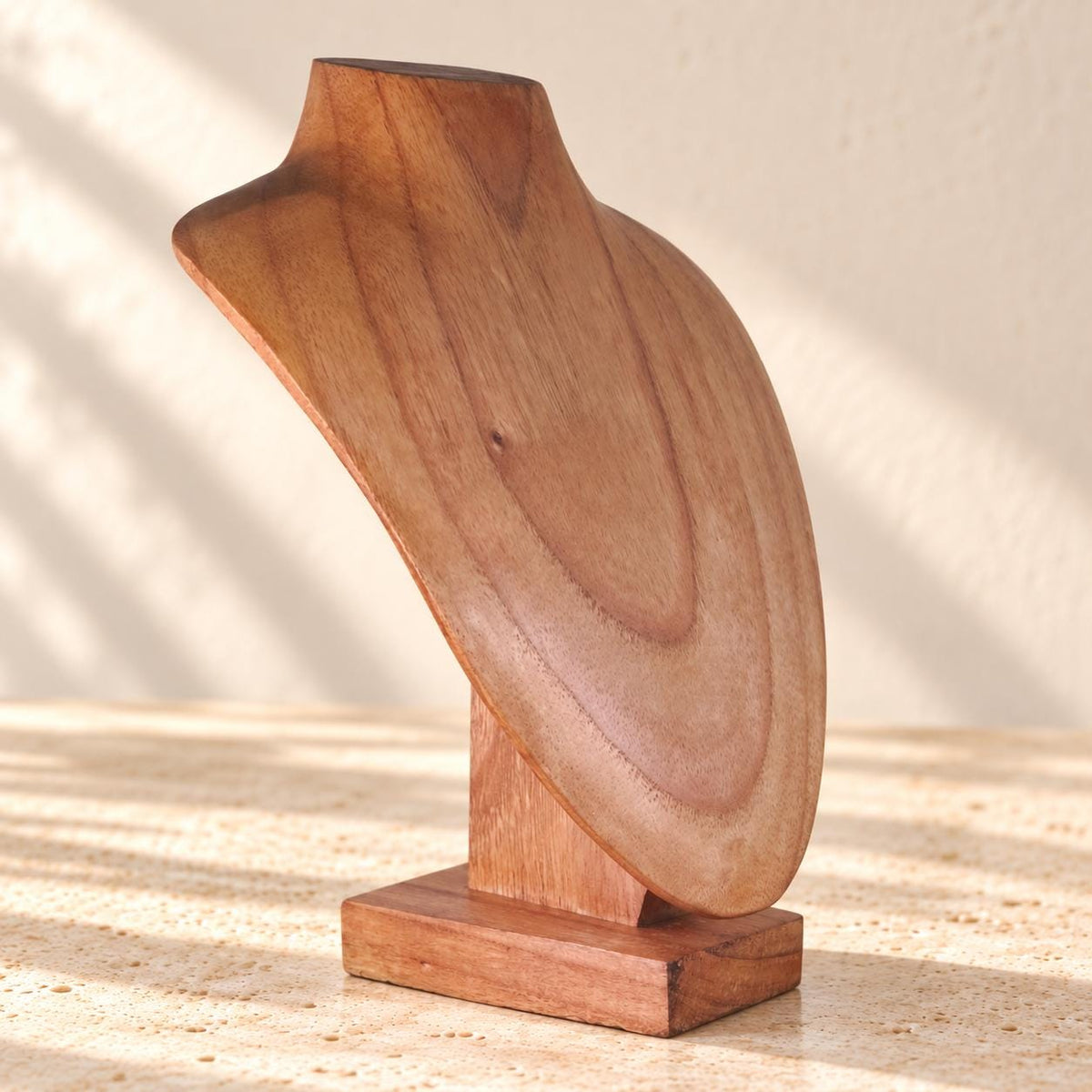 Natural Wooden Necklace Display Bust, 9.8 in, Jewelry Stand with Base
