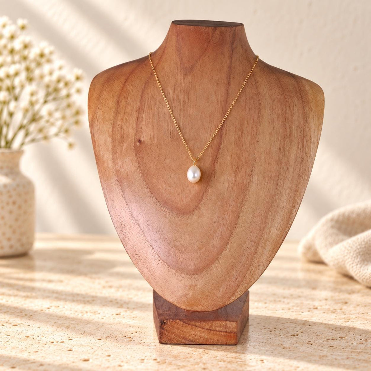 Natural Wooden Necklace Display Bust, 9.8 in, Jewelry Stand with Base