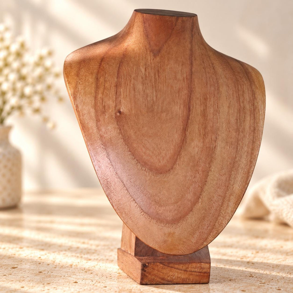 Natural Wooden Necklace Display Bust, 9.8 in, Jewelry Stand with Base