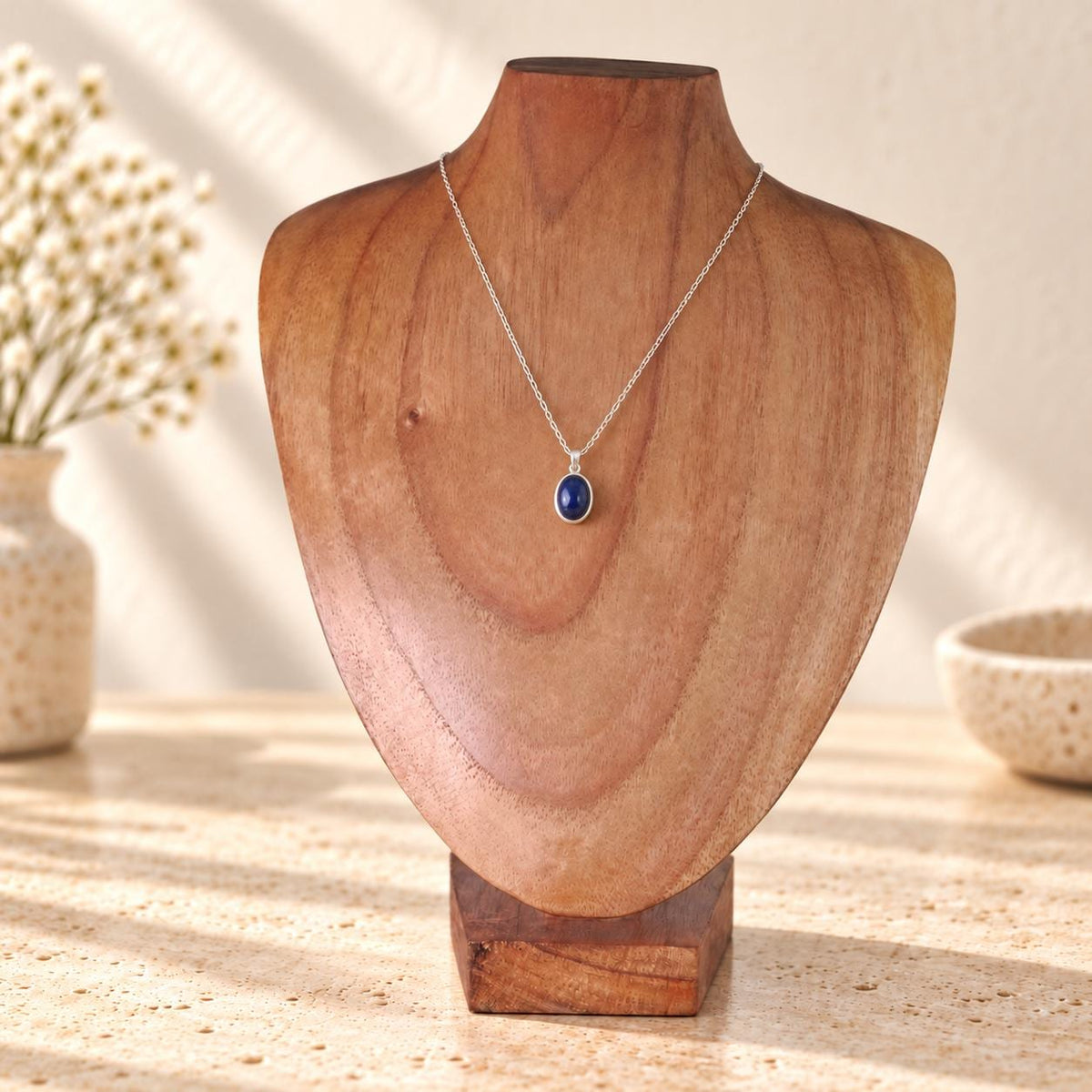 Natural Wooden Necklace Display Bust, 9.8 in, Jewelry Stand with Base