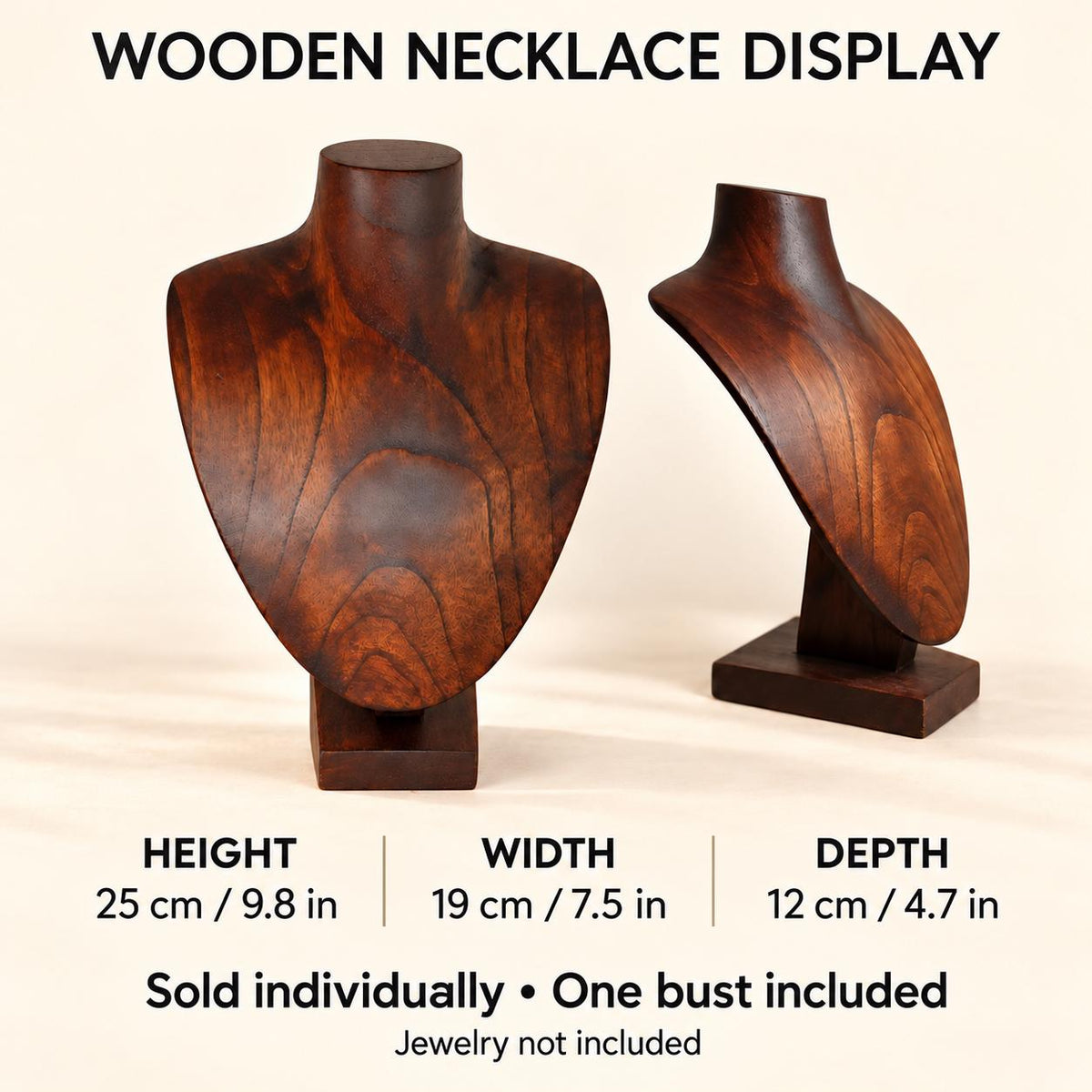 Dark Brown Wooden Necklace Display Bust, 9.8 in, Jewelry Stand with Base