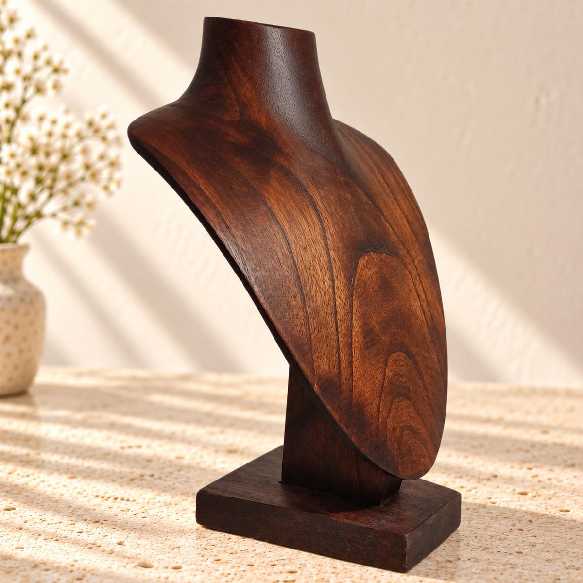 Dark Brown Wooden Necklace Display Bust, 9.8 in, Jewelry Stand with Base