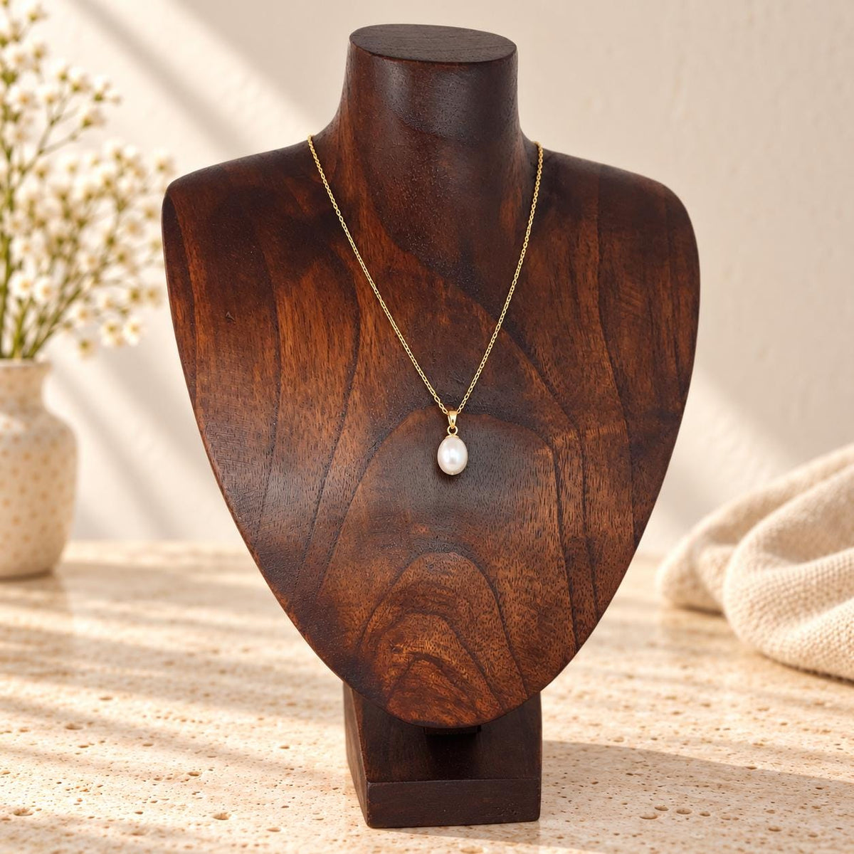 Dark Brown Wooden Necklace Display Bust, 9.8 in, Jewelry Stand with Base