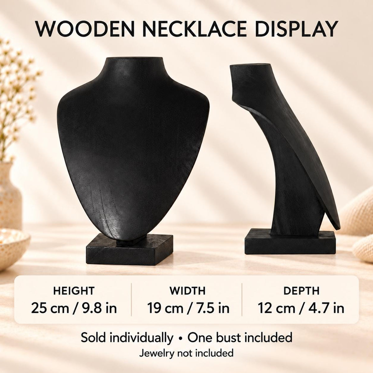 Black Wooden Necklace Display Bust, 9.8 in, Jewelry Stand with Base