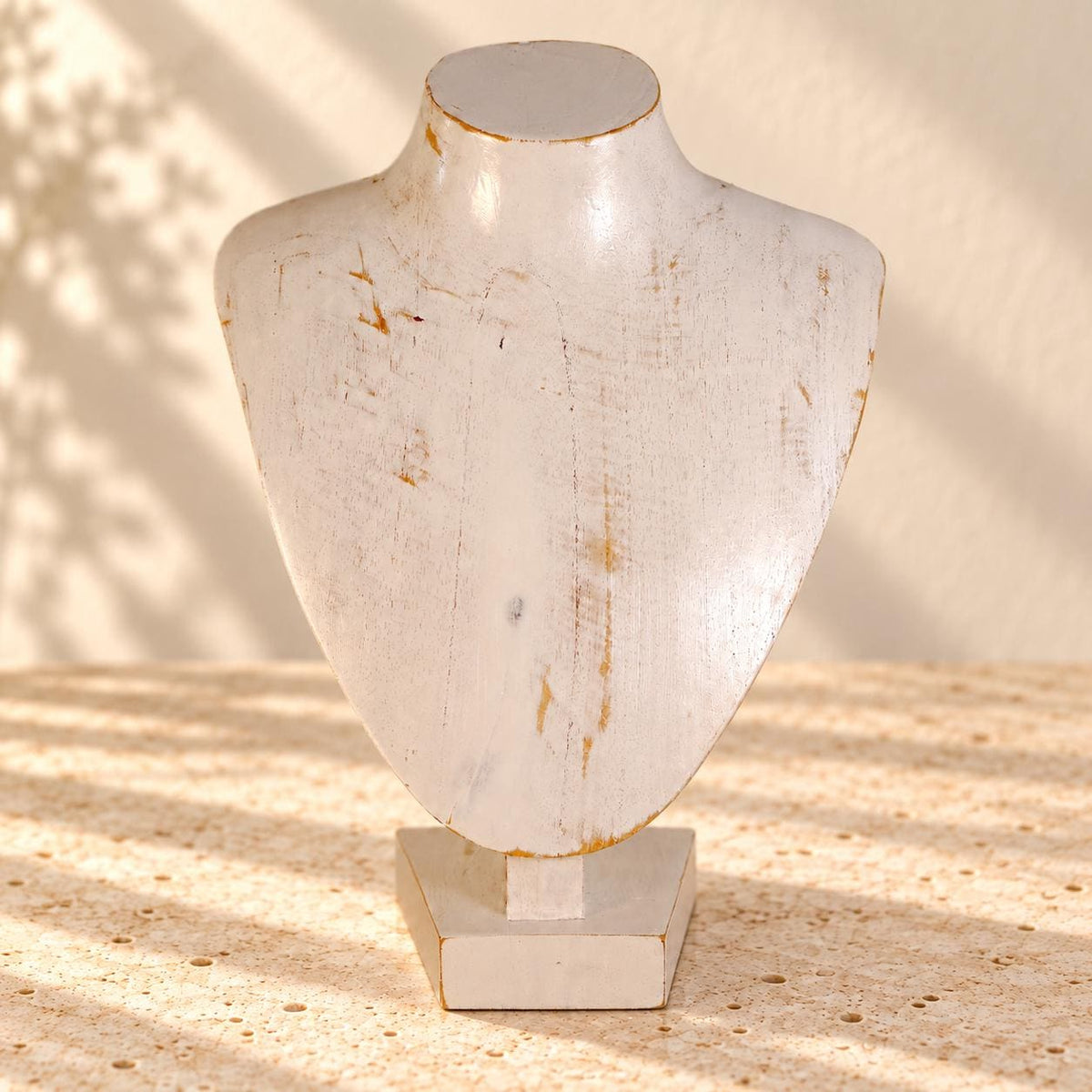 Whitewash Wooden Necklace Display Bust, 9.8 in, Jewelry Stand with Base
