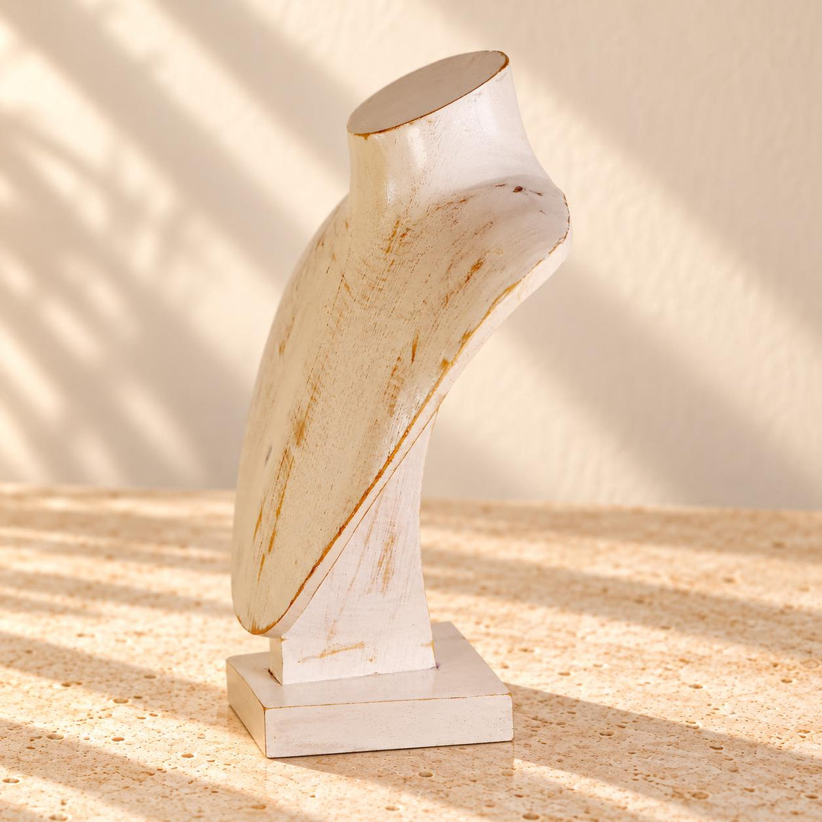 Whitewash Wooden Necklace Display Bust, 9.8 in, Jewelry Stand with Base