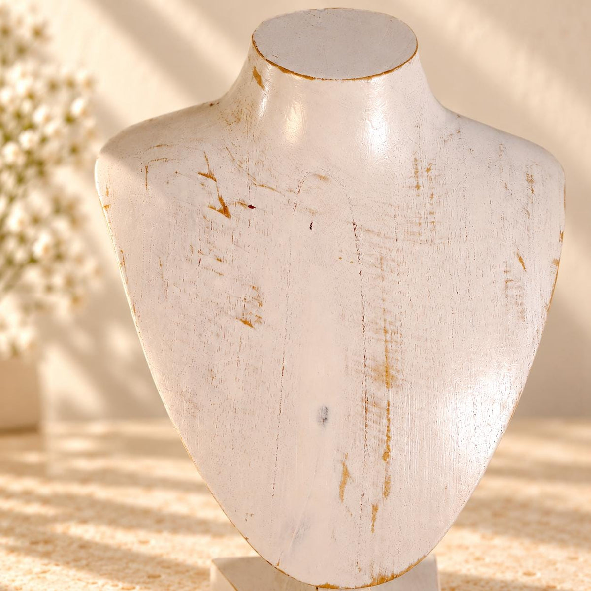 Whitewash Wooden Necklace Display Bust, 9.8 in, Jewelry Stand with Base