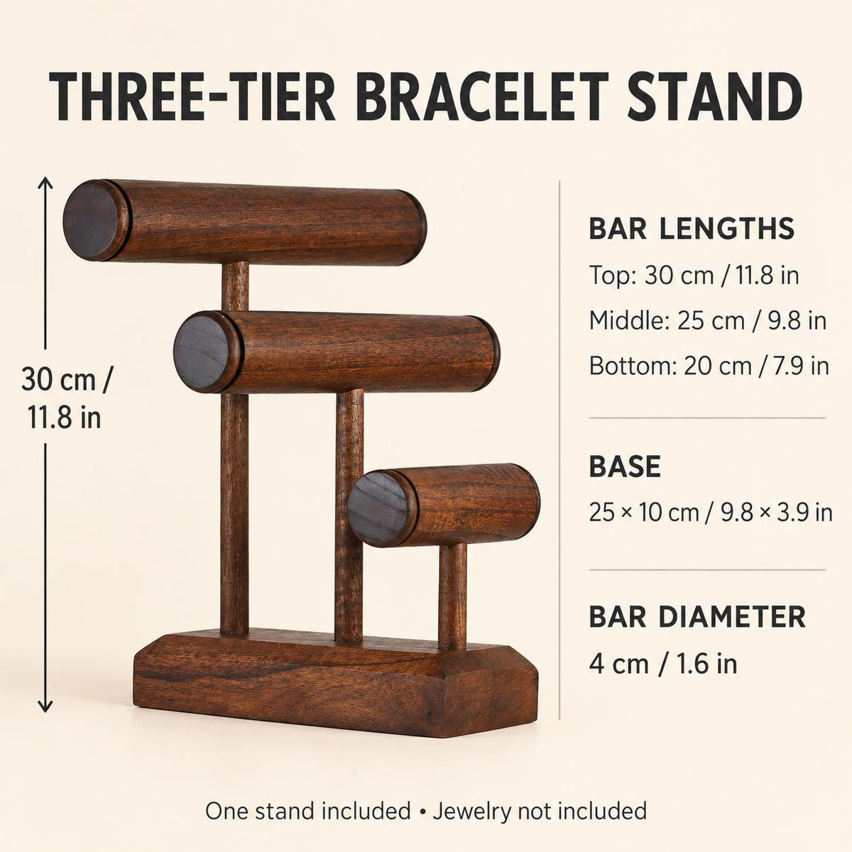 Dark Brown Wooden Bracelet Stand, Three-Tier Bangle Display, 30 cm (11.8 in)