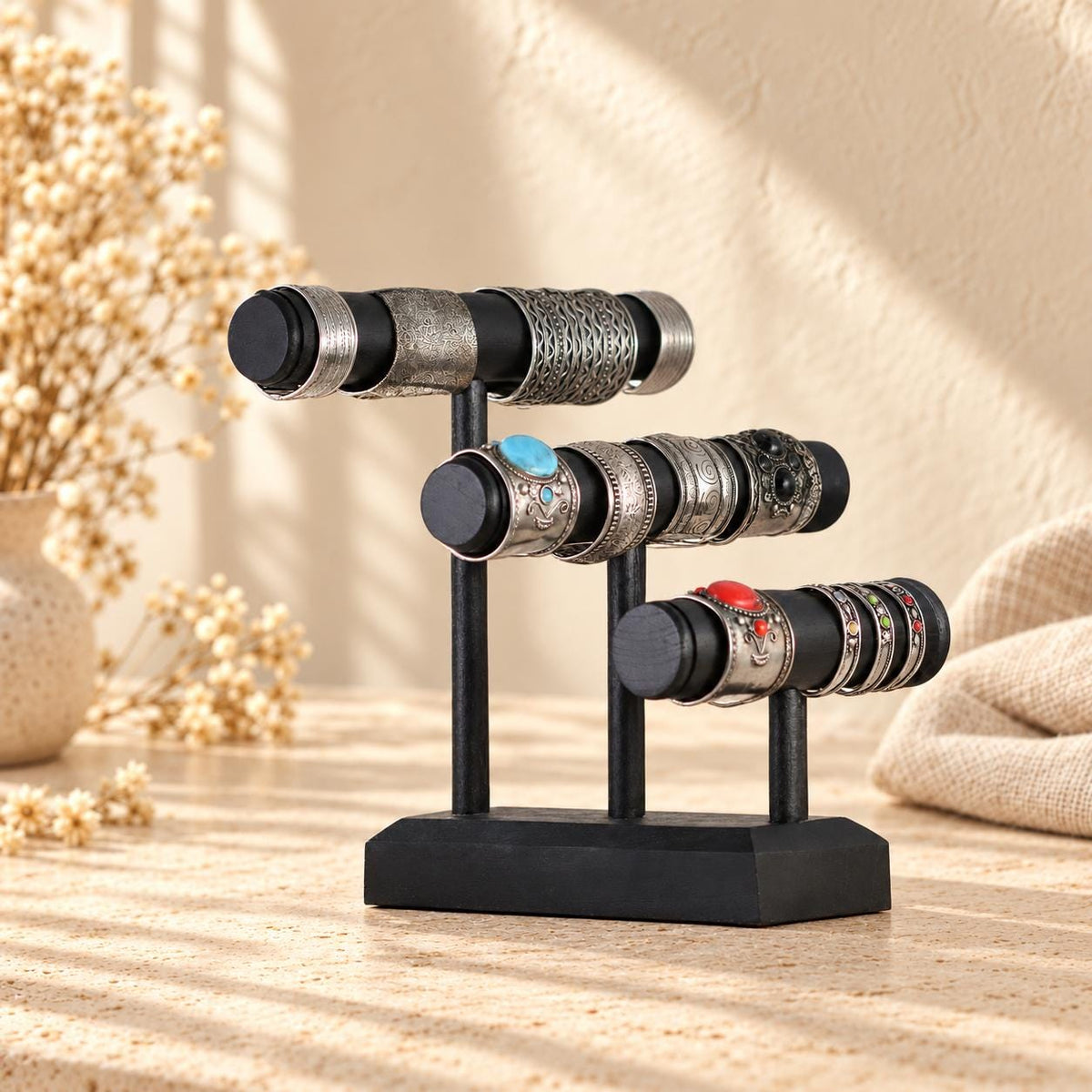 Black Wooden Bracelet Stand, Three-Tier Bangle Display, 30 cm (11.8 in)