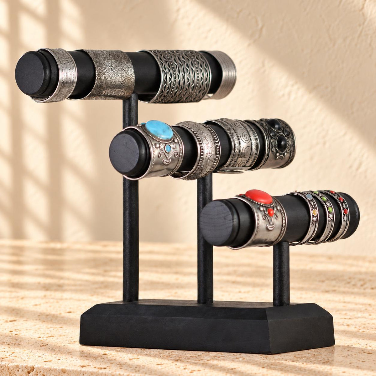 Black Wooden Bracelet Stand, Three-Tier Bangle Display, 30 cm (11.8 in)