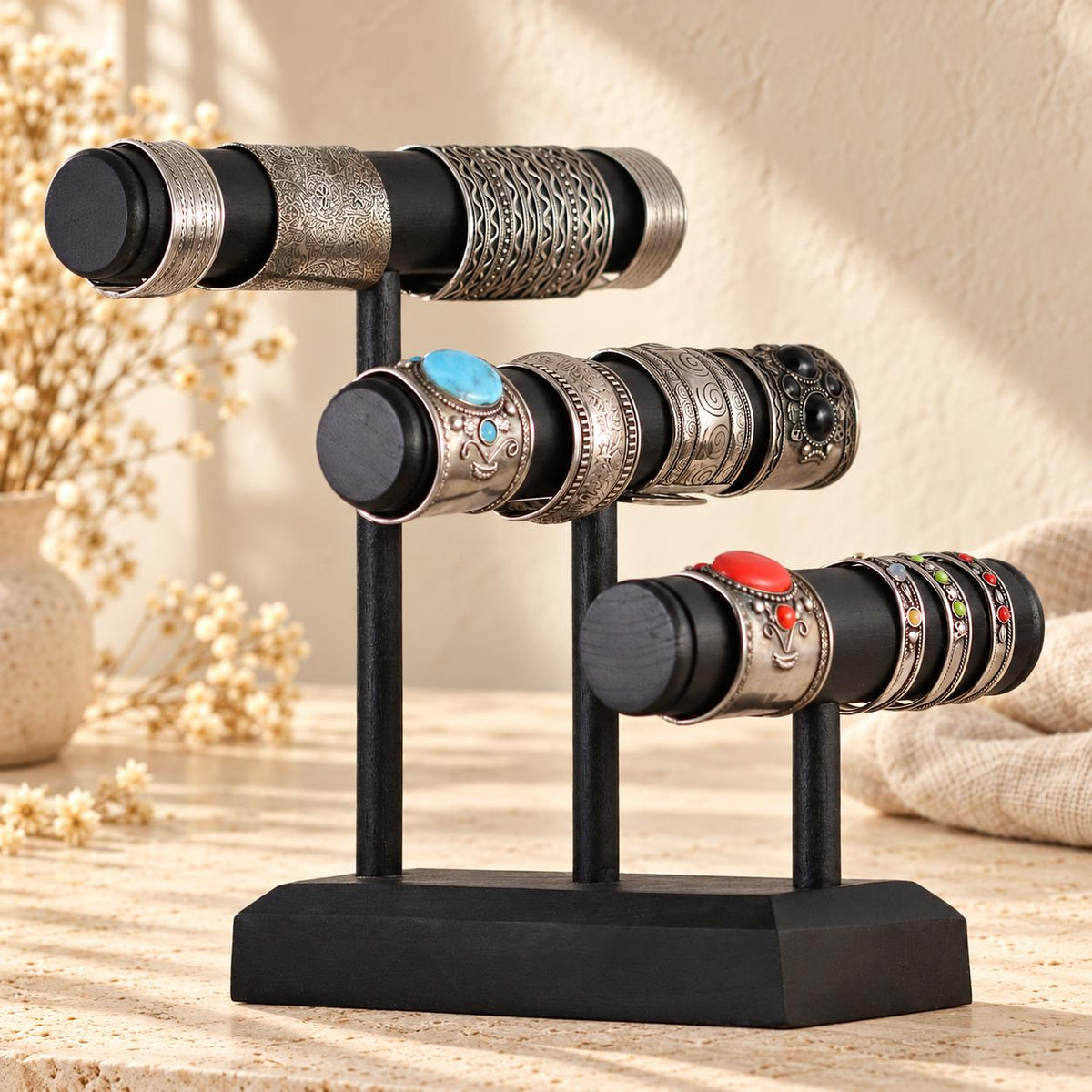 Black Wooden Bracelet Stand, Three-Tier Bangle Display, 30 cm (11.8 in)