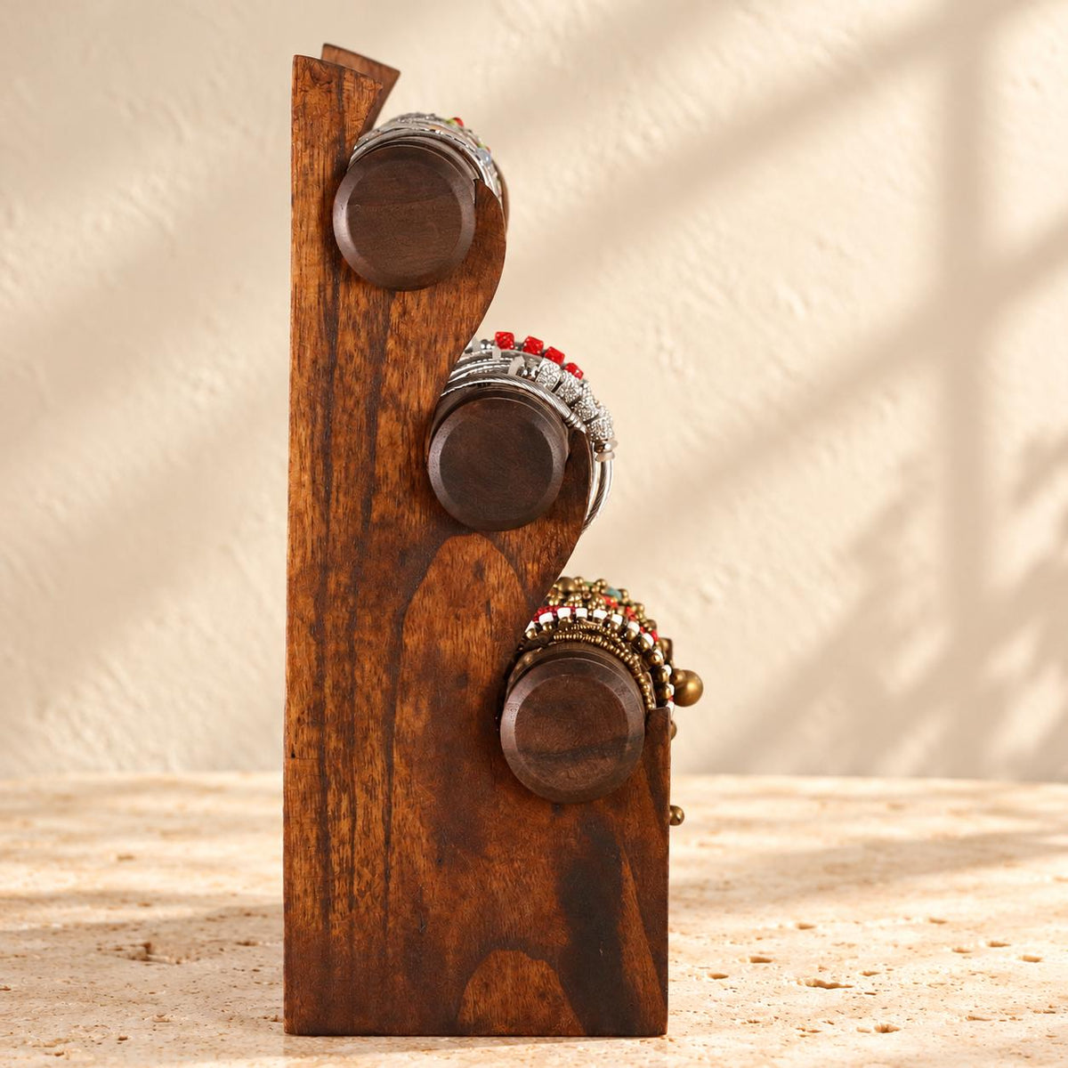 Dark Brown Wooden Bracelet Stand, Three-Tier Bangle Display with Side Panels, 30 cm (11.8 in)
