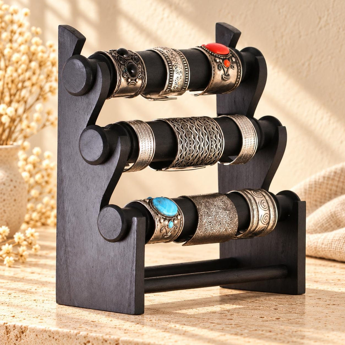 Black Wooden Bracelet Stand, Three-Tier Bangle Display with Side Panels, 30 cm (11.8 in)