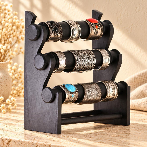 Black Wooden Bracelet Stand, Three-Tier Bangle Display with Side Panels, 30 cm (11.8 in)