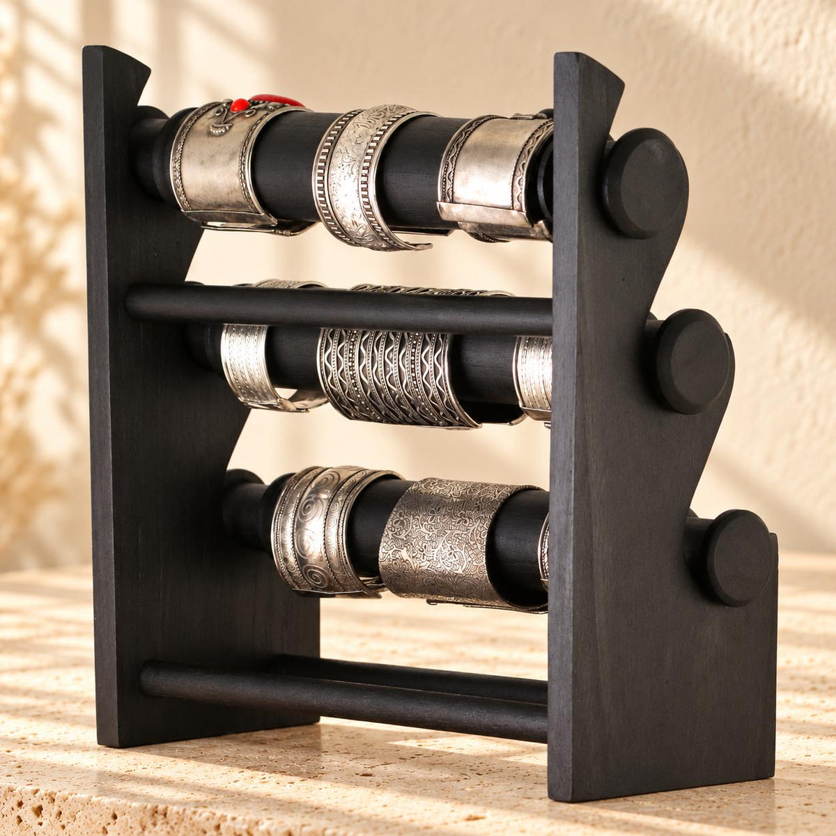 Black Wooden Bracelet Stand, Three-Tier Bangle Display with Side Panels, 30 cm (11.8 in)