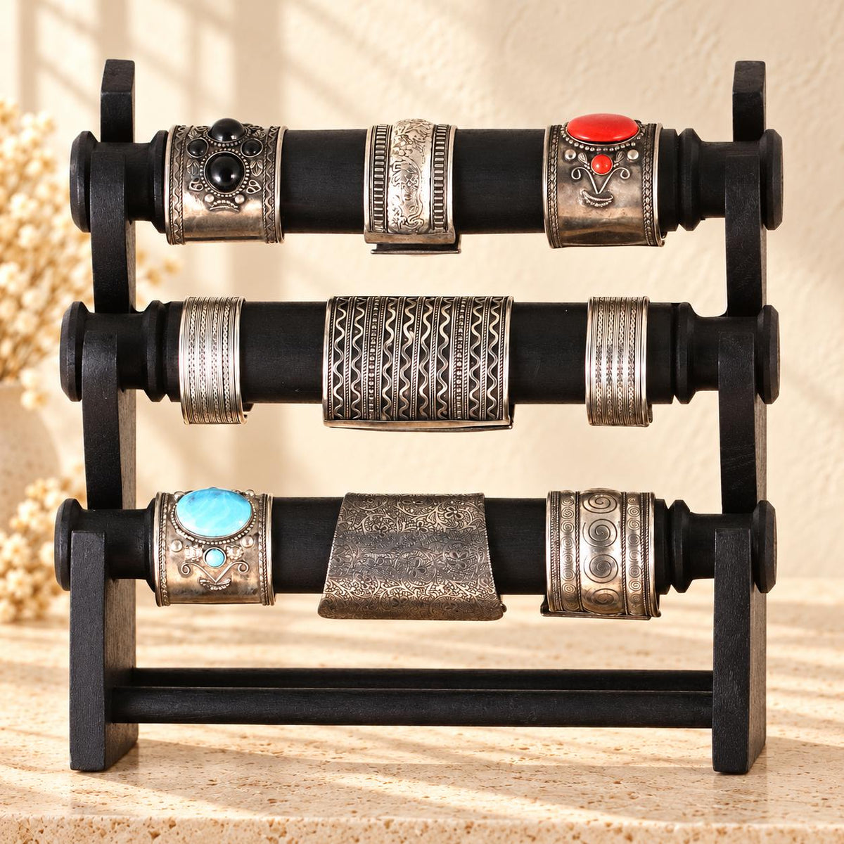 Black Wooden Bracelet Stand, Three-Tier Bangle Display with Side Panels, 30 cm (11.8 in)