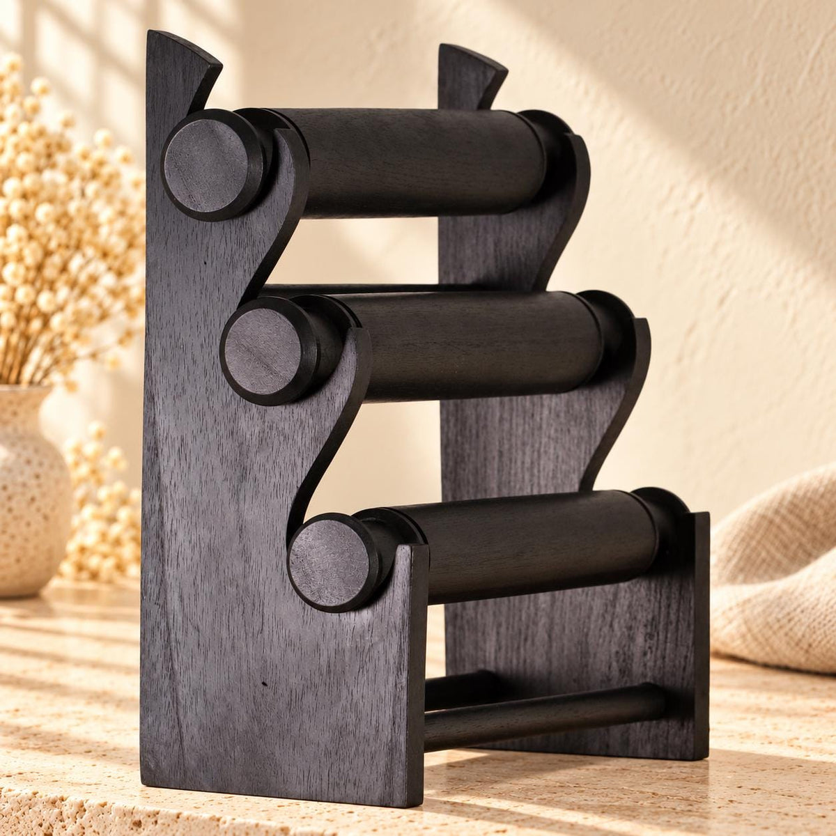 Black Wooden Bracelet Stand, Three-Tier Bangle Display with Side Panels, 30 cm (11.8 in)