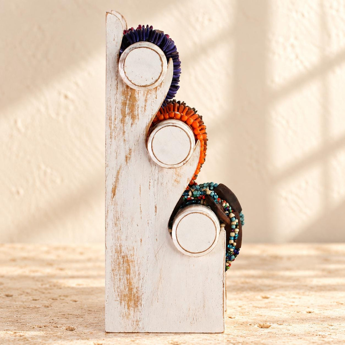 Whitewash Wooden Bracelet Stand, Three-Tier Bangle Display with Side Panels, 30 cm (11.8 in)