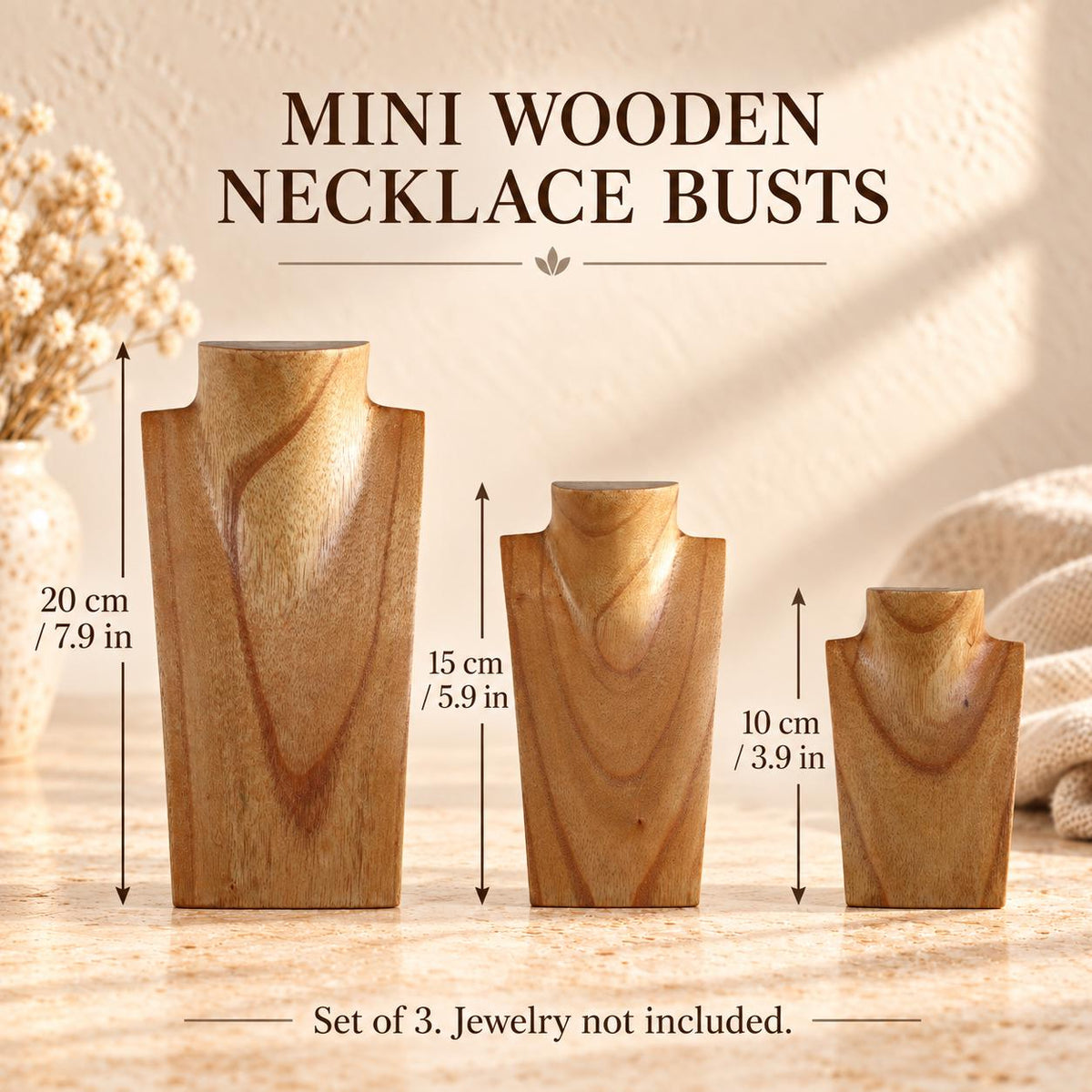 Mini Wooden Necklace Busts, Set of 3, Natural Wood, 7.9 / 5.9 / 3.9 in