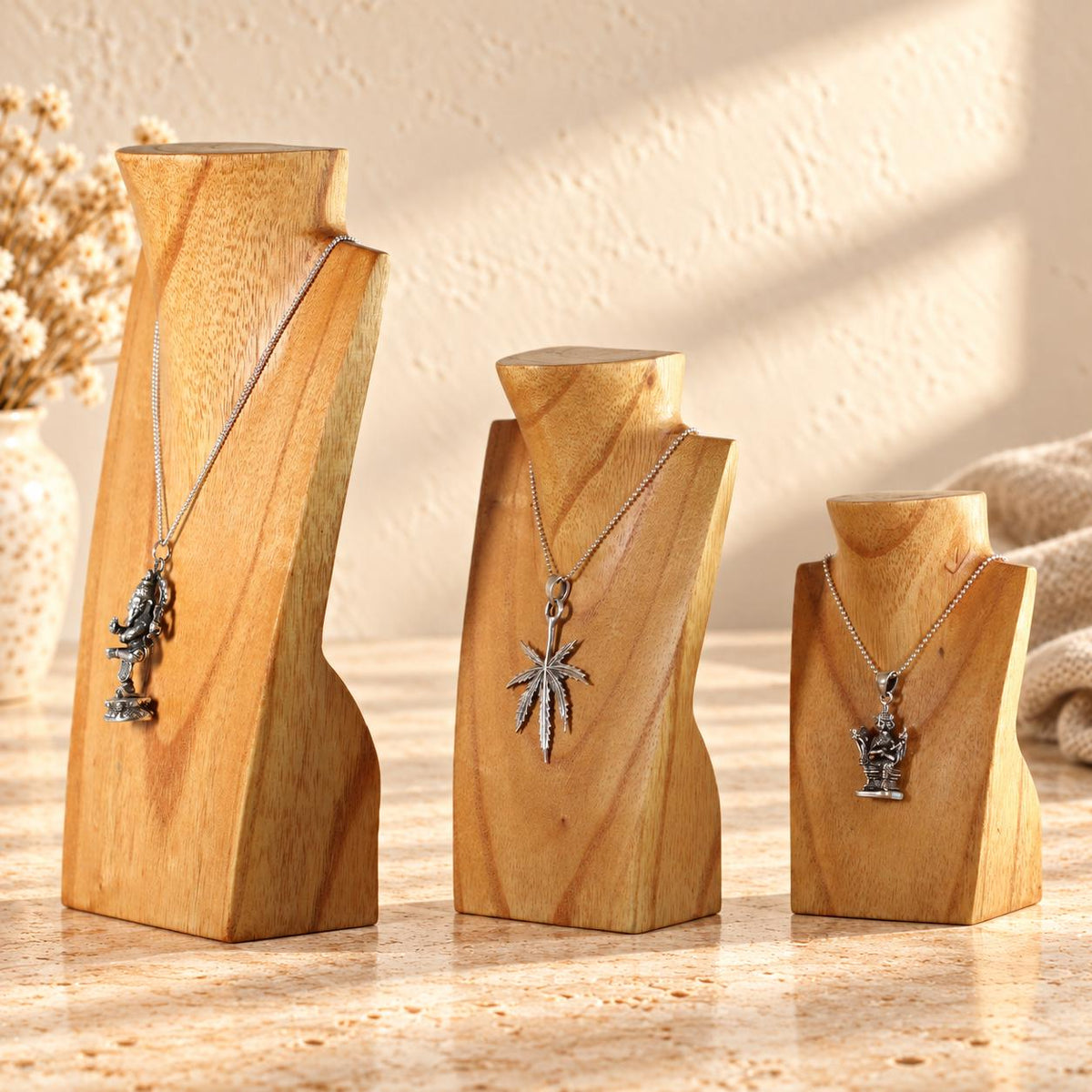 Mini Wooden Necklace Busts, Set of 3, Natural Wood, 7.9 / 5.9 / 3.9 in