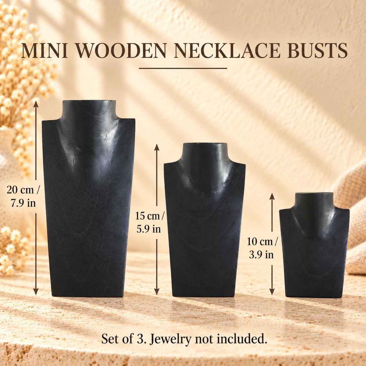 Mini Wooden Necklace Busts, Set of 3, Black, 7.9 / 5.9 / 3.9 in