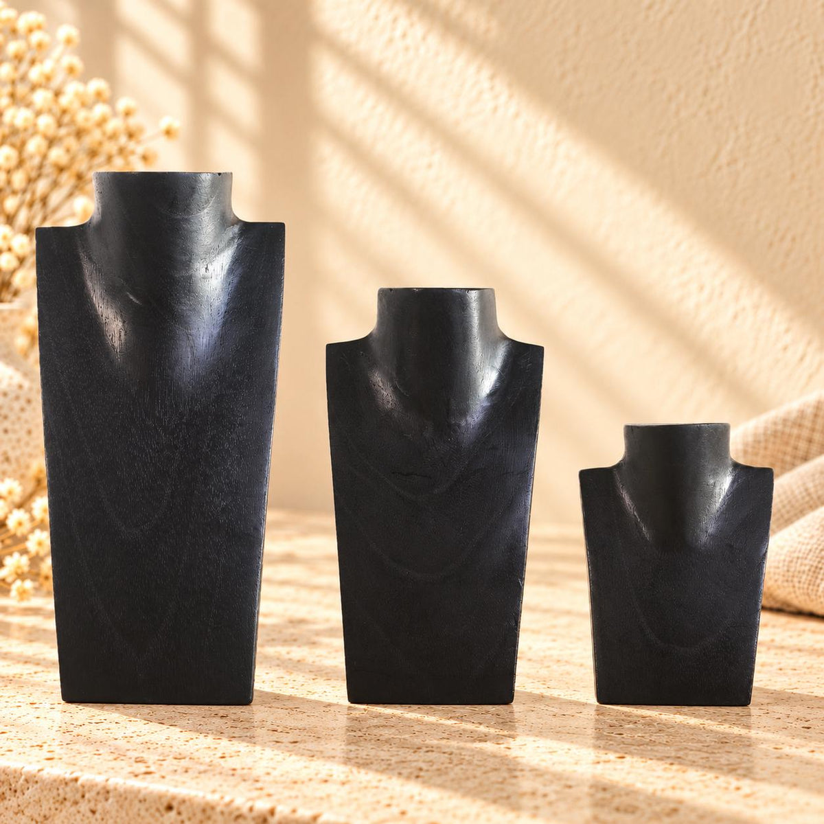 Mini Wooden Necklace Busts, Set of 3, Black, 7.9 / 5.9 / 3.9 in