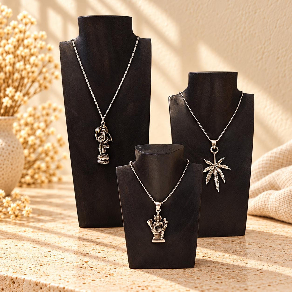 Mini Wooden Necklace Busts, Set of 3, Black, 7.9 / 5.9 / 3.9 in