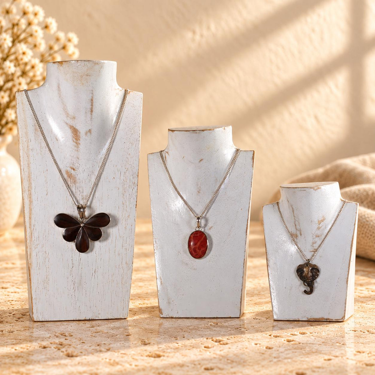 Mini Wooden Necklace Busts, Set of 3, Whitewash, 7.9 / 5.9 / 3.9 in
