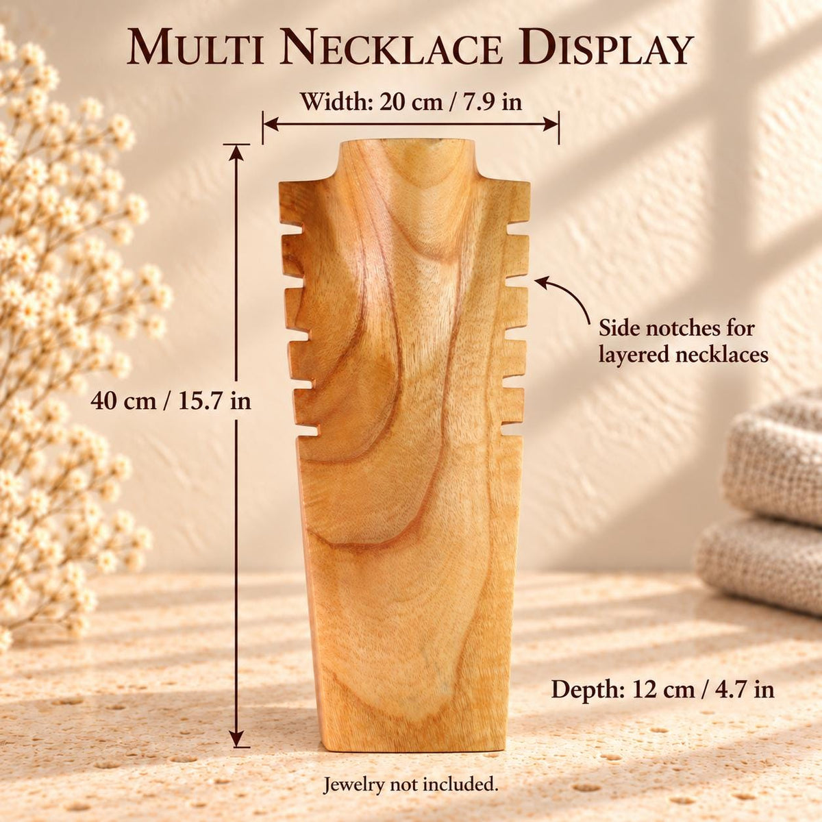 Multi Necklace Display Bust, Natural Wood Wood, 15.7 in / 40 cm – Notched Jewelry Stand